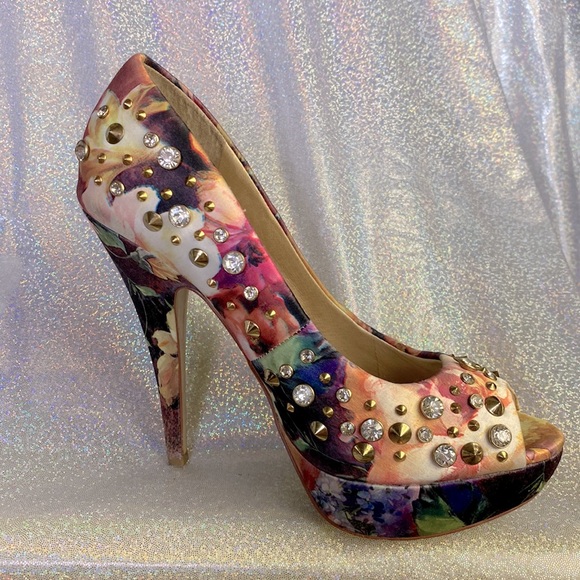 Aldo Shoes - Aldo 5” Satin Floral Peep Toe High Heel Pumps with Crystals & Brass Studs 6.5